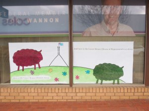 Local Memeber for Wannon Dan Teehan's office Window - the politician sheep